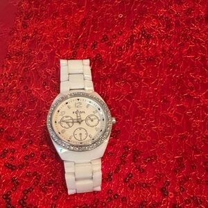 Fossil Silver and White Watch with Crystal Details
